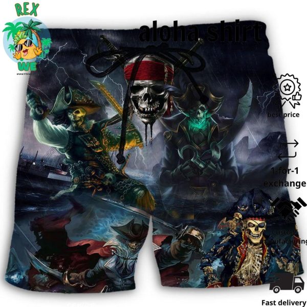 Pirate Skeleton And Thunder Rexwe Aloha Hawaiian Beach Shorts