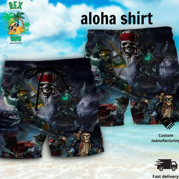 Pirate Skeleton And Thunder Rexwe Aloha Hawaiian Beach Shorts